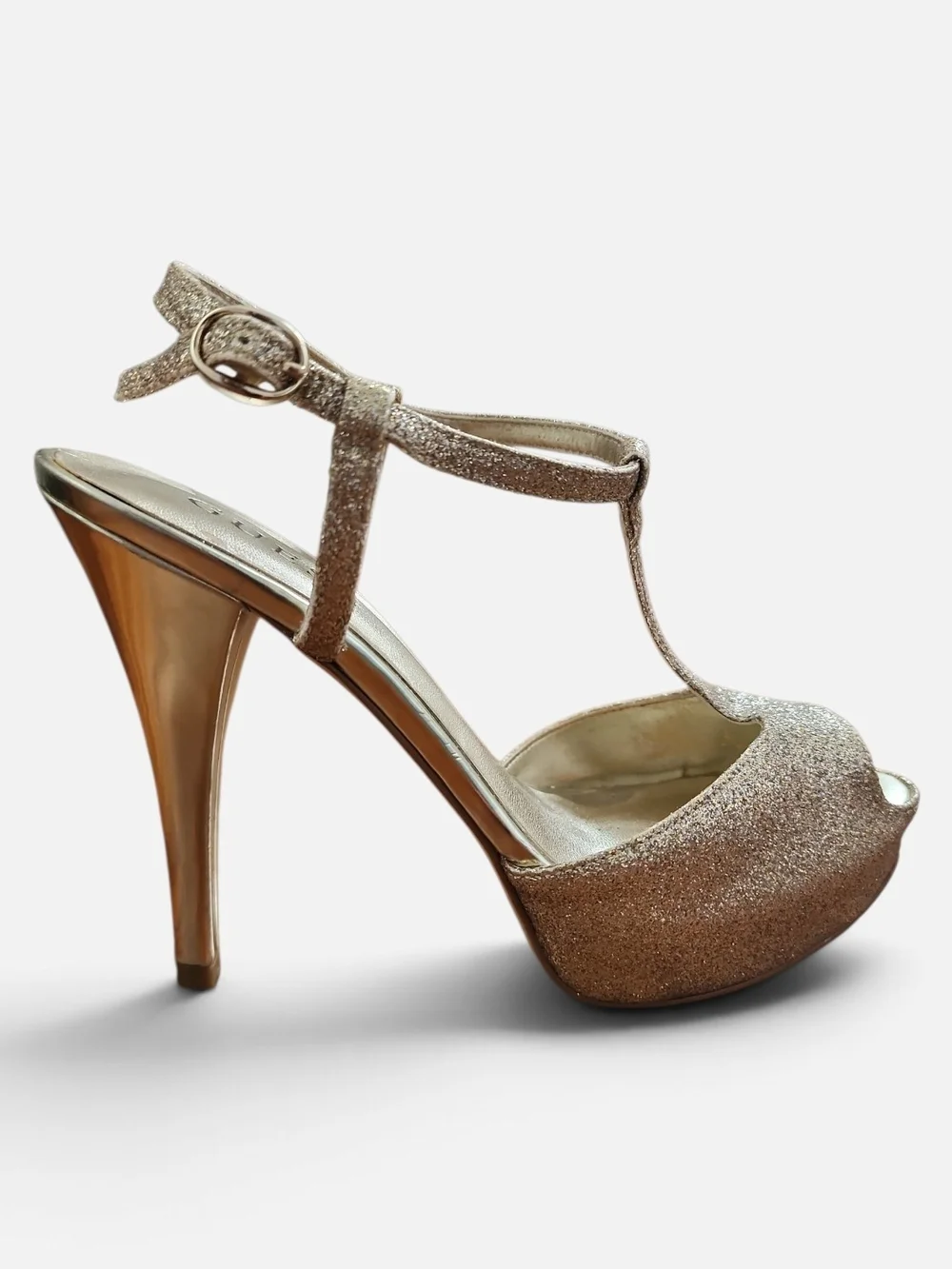 GUESS Glitter T-Strap High Heels Women 7M Gold Peep Toe Glam Formal Evening Wear